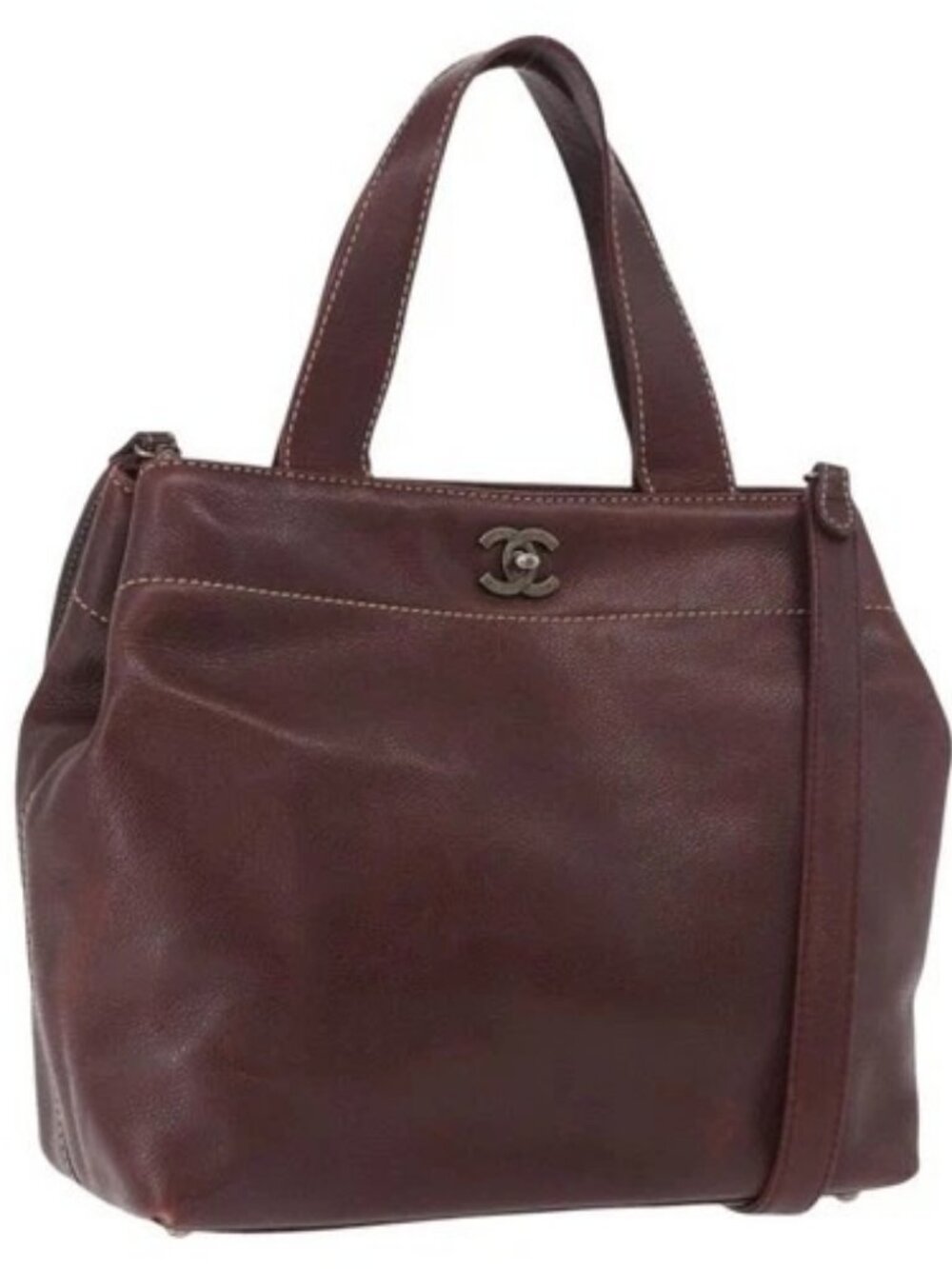 CHANEL Hand Bag Grained Calf Skin 2way Brown Silver CC Auth ka4946V